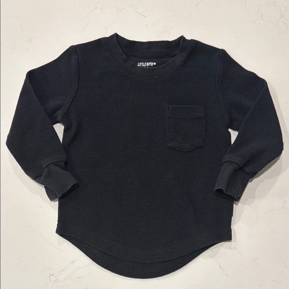 Little Bipsy Black Long Sleeve Waffle Top in Black. Size 18-24M